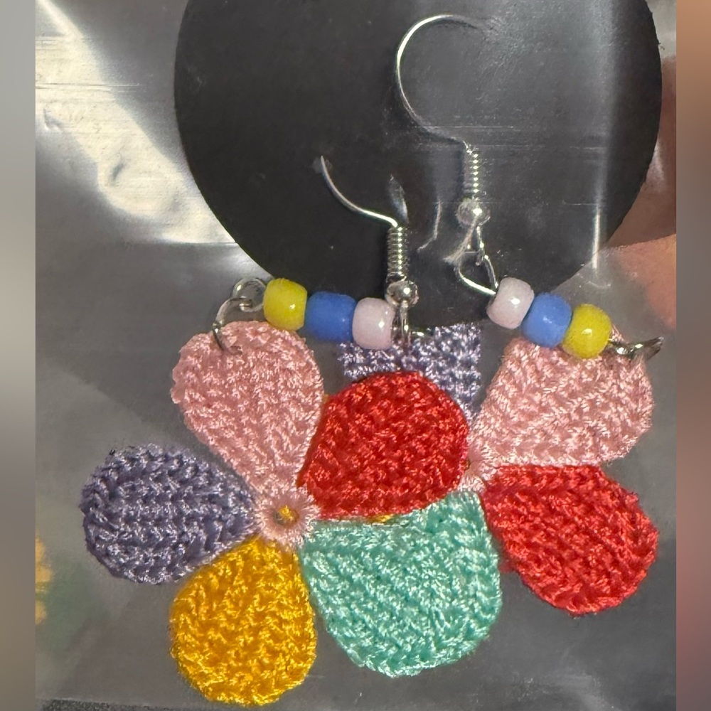 Hand crochet 2” multicolored flowers beaded dangling pierced earrings jewelry